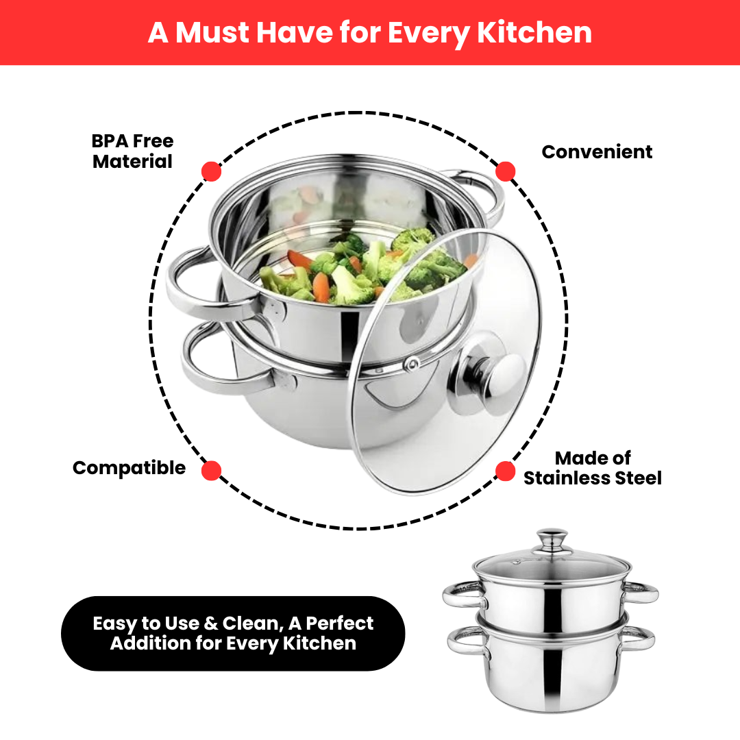 2-Tier Stainless Steel Steamer with Glass Lid